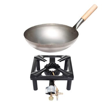 Set sgabello (piccolo) con wok in acciaio Ø 30 cm - con dispositivo di sicurezza accensione