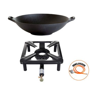 Set sgabello (grande) con wok in ghisa Ø 37 cm comprensivo di tubo gas e regolatore