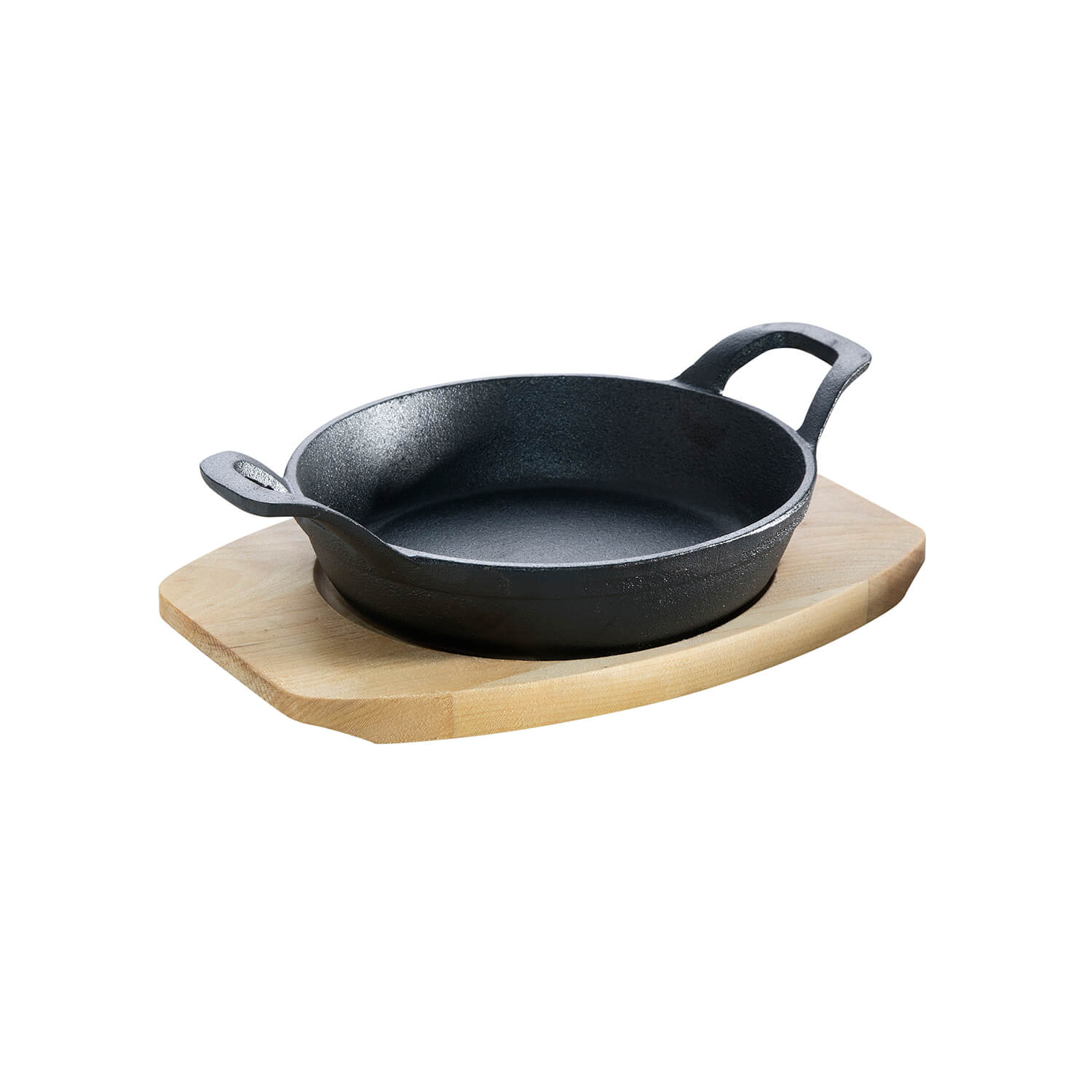 Gusseisenpfännchen mit 2 Griffen Ø 15 cm und Holzuntersetzer