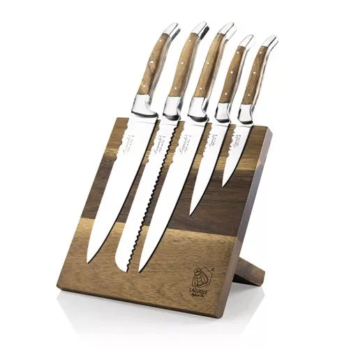 Set di coltelli da cuoco in legno d'ulivo con ceppo portacoltelli magnetico  in acacia